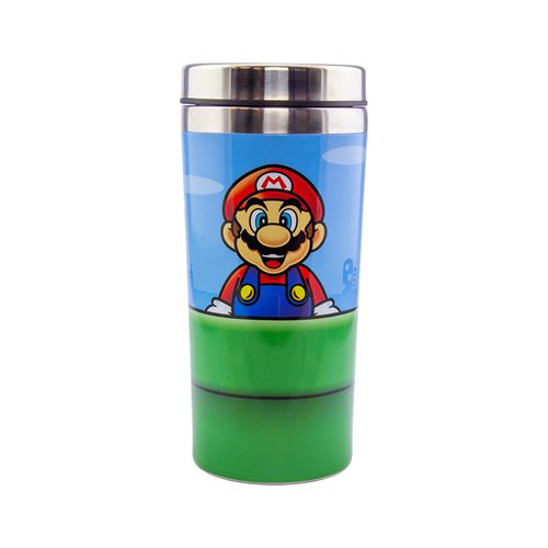 Green travel mug featuring a cartoon Mario with a blue background, stainless steel lid, and a design resembling a Super Mario Warp Pipe.