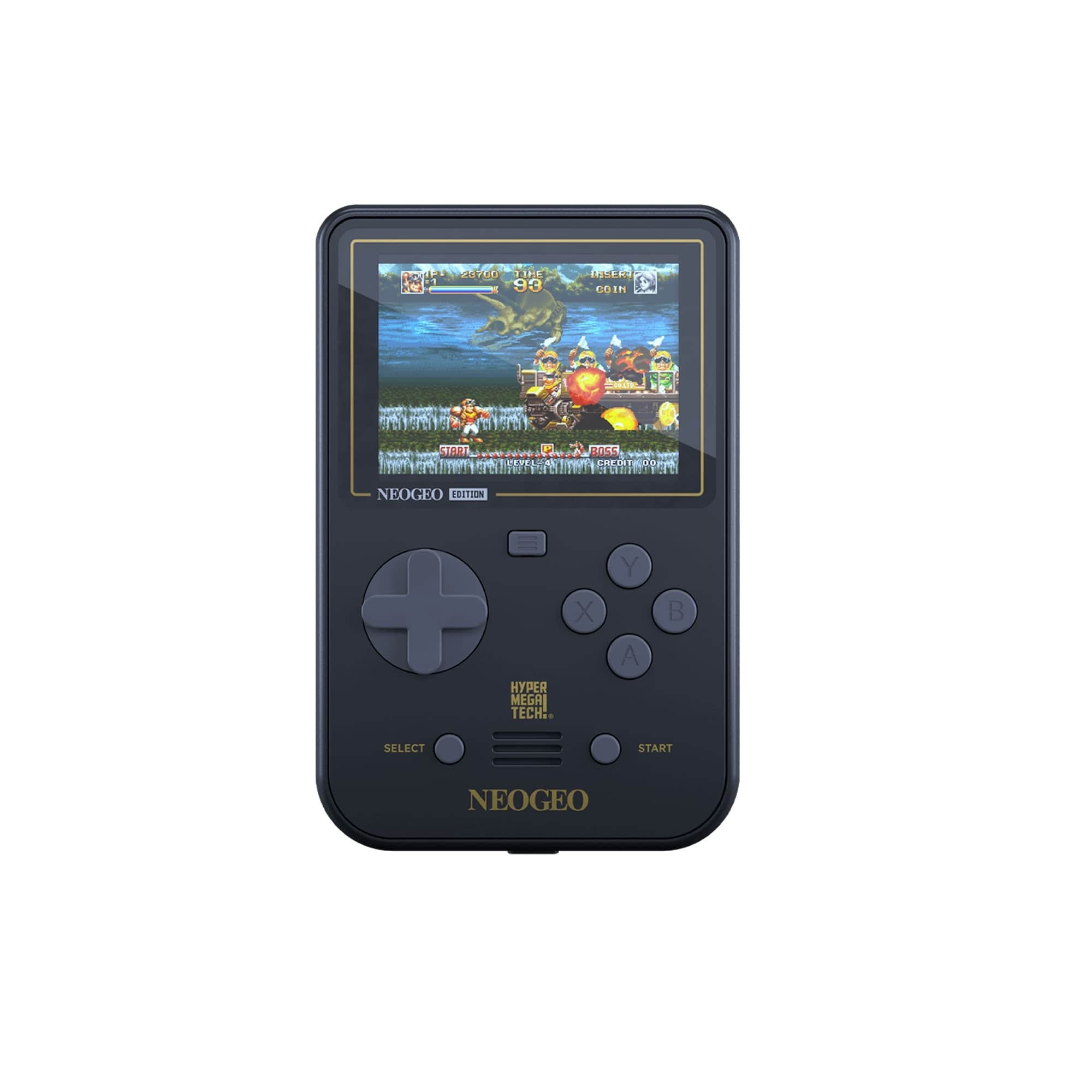 Compact handheld game console in black with a color screen displaying a retro game, featuring a directional pad, four action buttons, and "NEOGEO" branding.