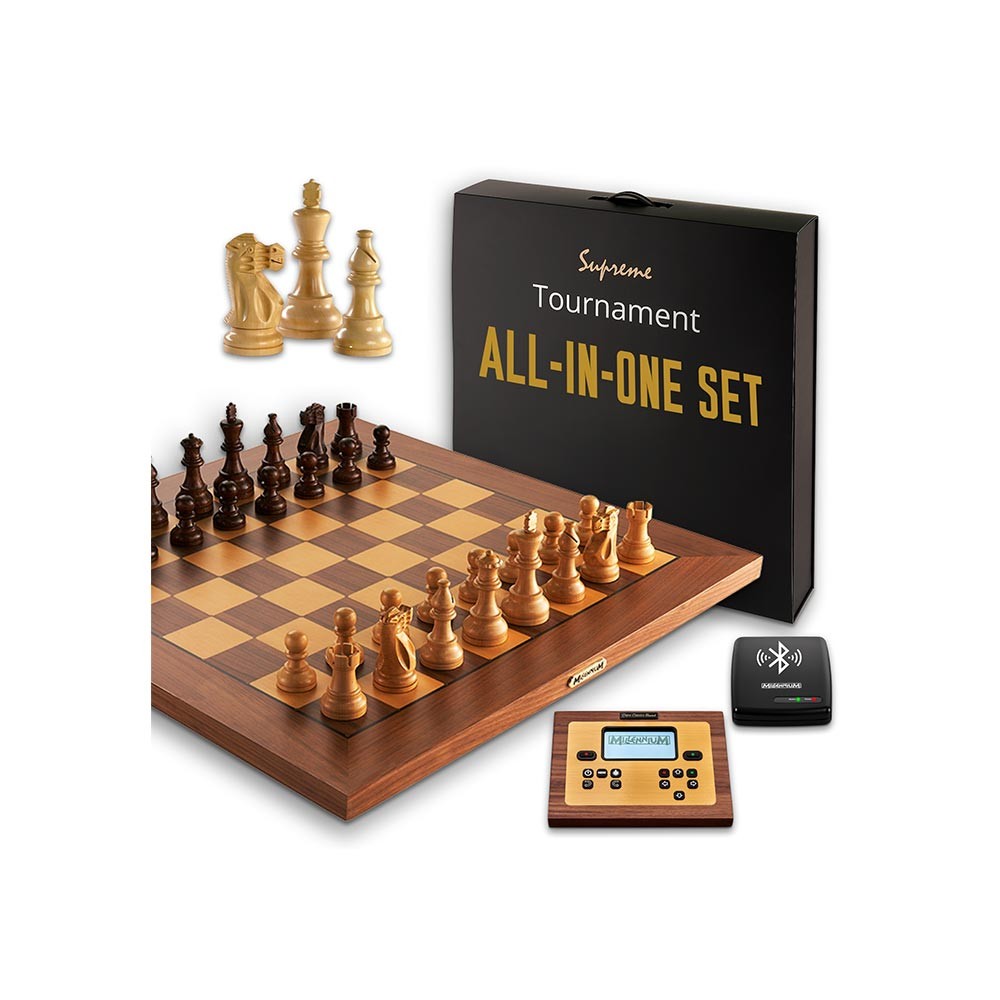 Supreme Tournament All-in-One Set features a wooden chessboard with light and dark pieces, a digital clock, and a sleek black box for storage.
