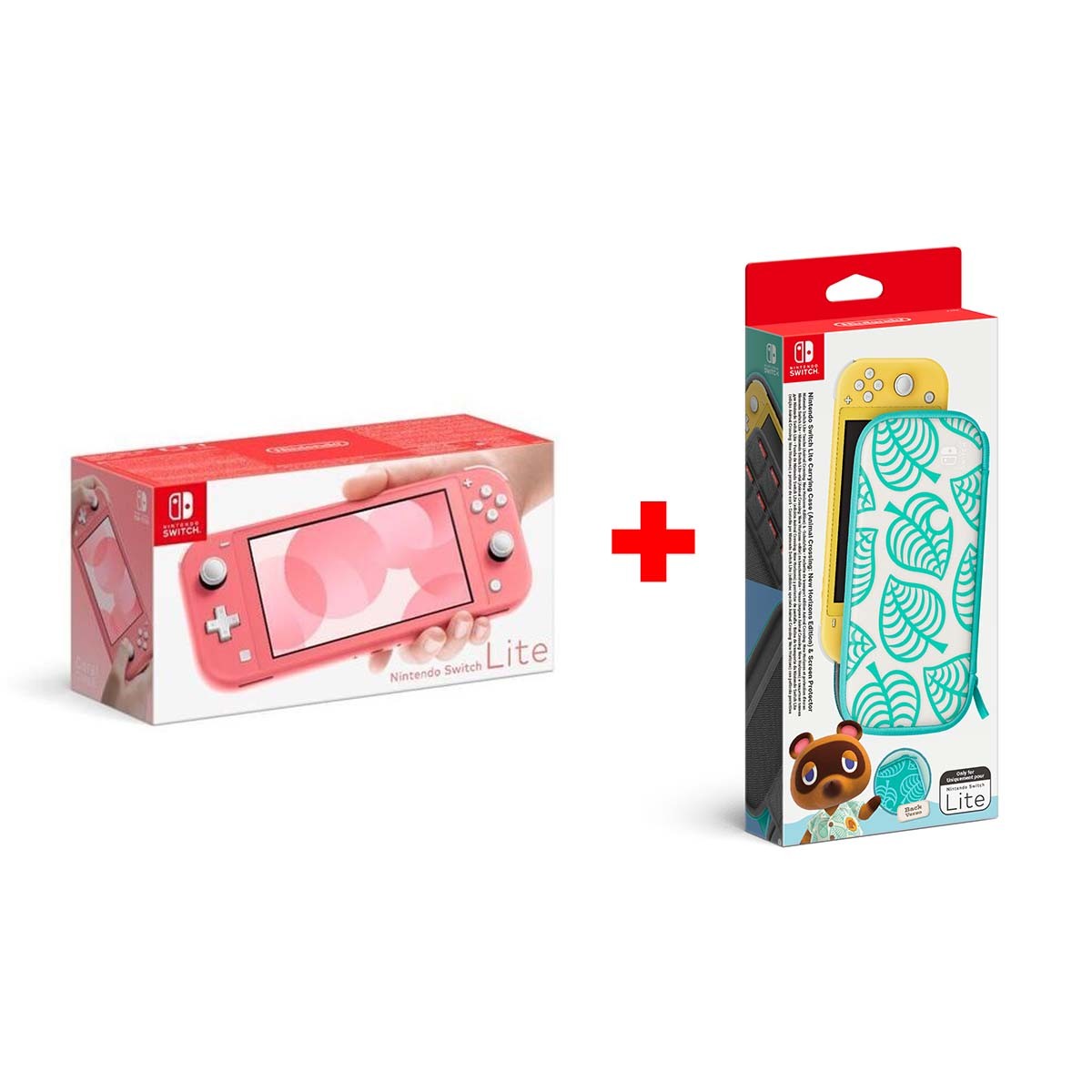 Coral Nintendo Switch Lite console with a matching Animal Crossing Lite carrying case featuring leaf patterns, displayed in its packaging.