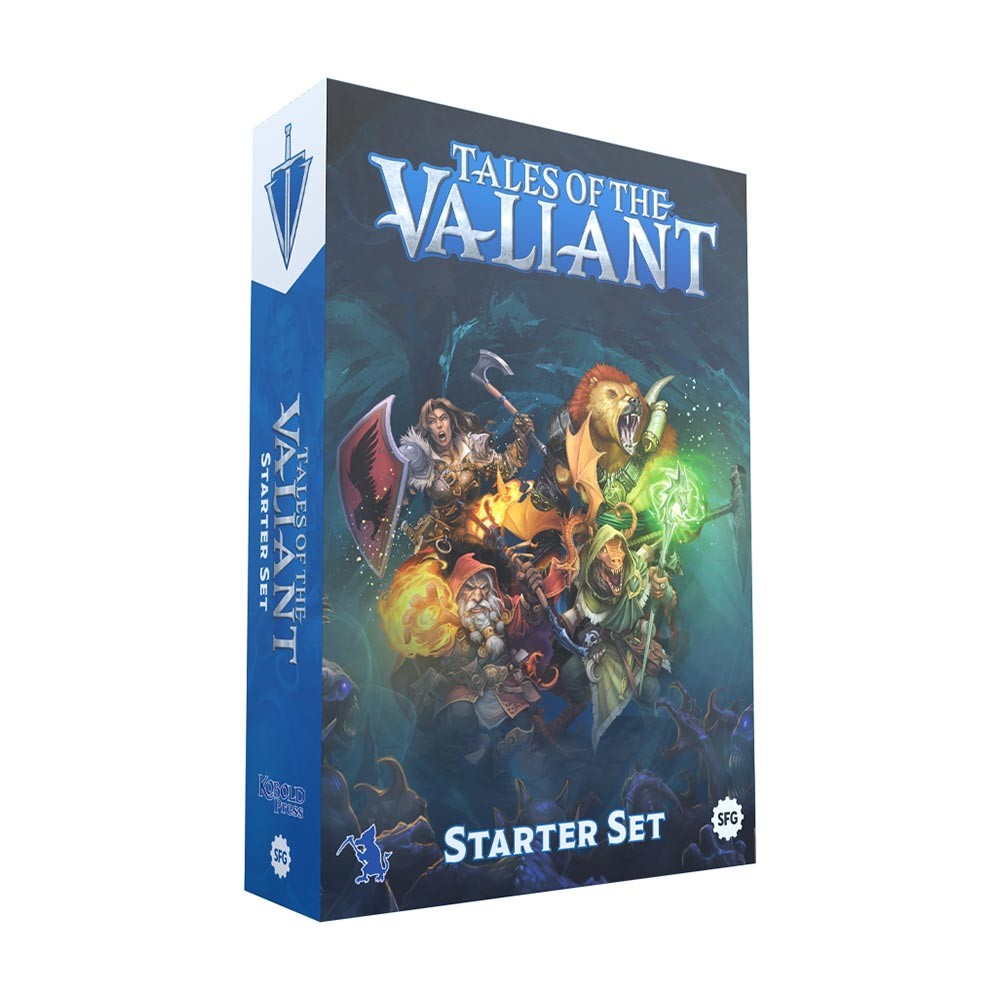 The "Tales of the Valiant Starter Set" box features vibrant artwork of fantasy characters, with a blue and black color scheme and the title prominently displayed in white and silver lettering.