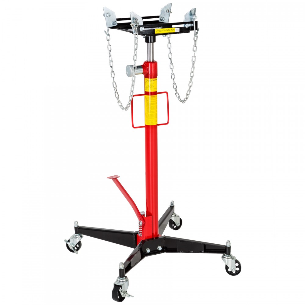 Red hydraulic jack with a sturdy metal frame, featuring a chain support system, adjustable height, and a black base with rolling casters for easy mobility.