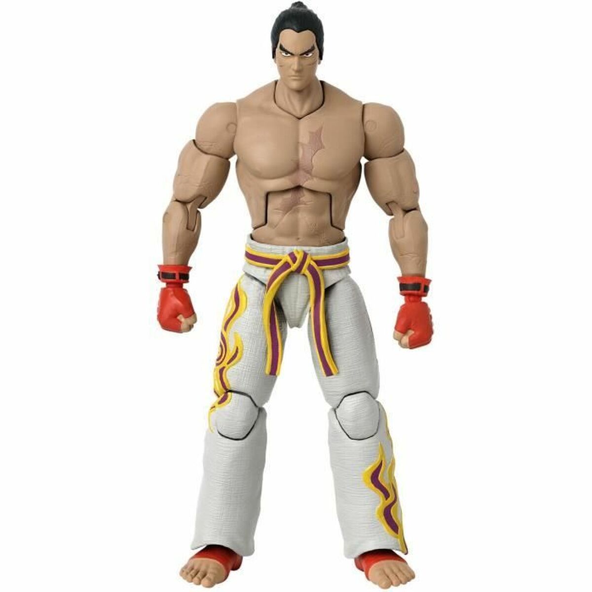 Kazuya action figure features muscular physique, tan skin, red gloves, and white pants with yellow and purple flames, showcasing detailed articulation and a fierce expression.