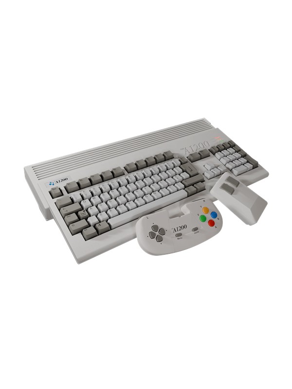 The A1200 by RETRO GAMES features a light gray keyboard with dark gray keys, a matching game controller, and a sleek design reminiscent of classic gaming consoles.