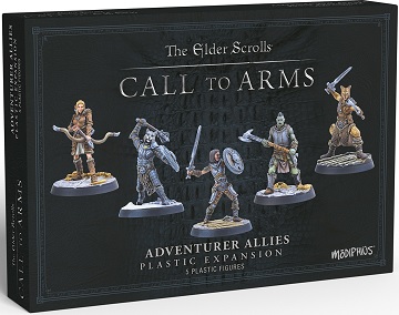 Five detailed plastic miniatures from "The Elder Scrolls Call to Arms," featuring diverse fantasy characters in various poses, set against a dark box with ornate borders.