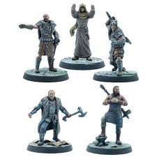 Five intricately detailed miniature figures from "The Elder Scrolls Call to Arms," featuring diverse characters in various poses, wearing textured clothing and armor, with a mix of weapons.