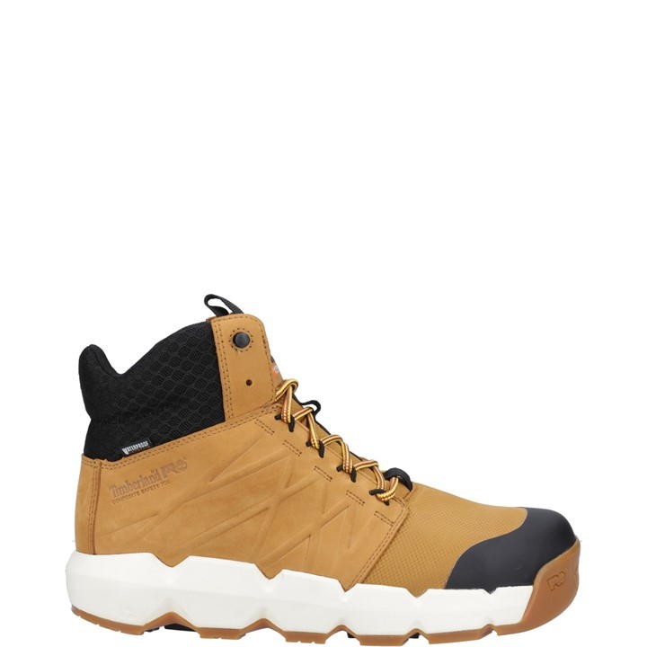 Wheat-colored Timberland Pro Men's Morphix 6" Safety Boot features a black padded collar, durable leather and synthetic upper, and a white rubber sole with a reinforced toe cap.