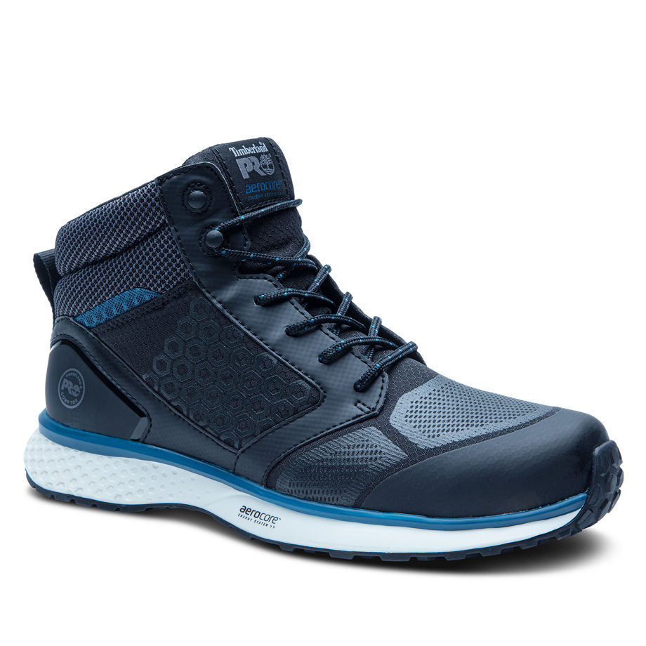 Black and blue Timberland Pro Men's Reaxion Mid Composite Safety Boot featuring a breathable mesh upper, cushioned sole, and hexagonal pattern detailing for enhanced grip and comfort.