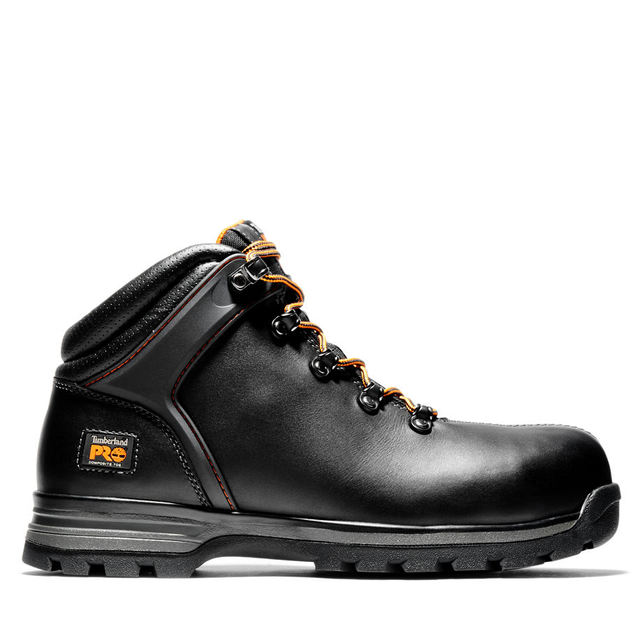 Black leather Timberland Pro Men's Splitrock XT work boot featuring a composite safety toe, padded collar, and orange laces, designed for durability and comfort.