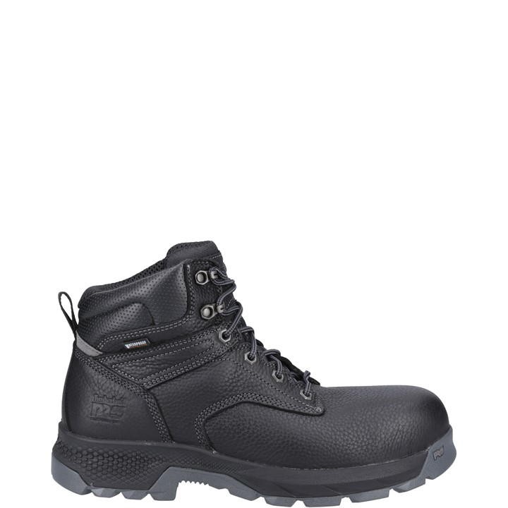 Black Timberland Pro Men's Titan 6" safety boot featuring a rugged leather upper, reinforced toe, sturdy laces, and a slip-resistant rubber sole for durability and protection.
