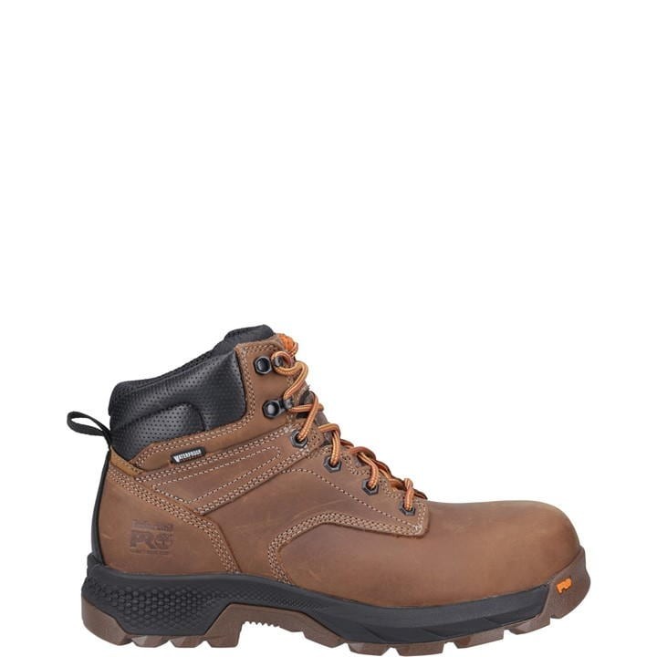 Brown leather Timberland Pro Men's Titan 6" Safety Boot featuring a padded collar, metal eyelets, and a rugged sole for enhanced traction and durability.
