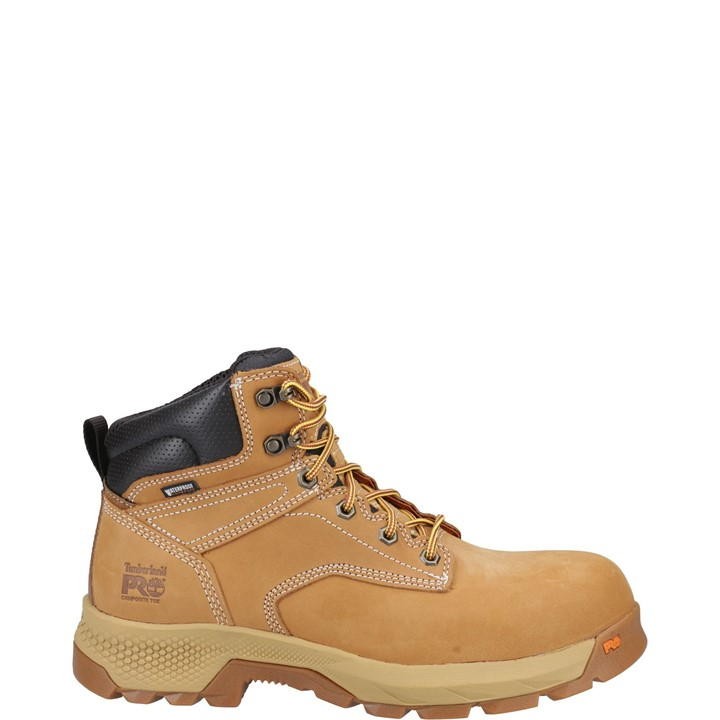 Wheat-colored Timberland Pro Men's Titan 6" Safety Boot featuring a black padded collar, yellow laces, and a rugged rubber sole for enhanced traction and durability.