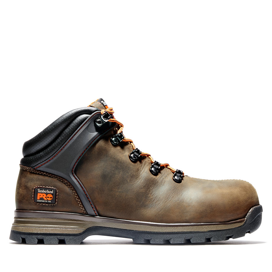 Brown Timberland Pro Men's Splitrock XT work boot featuring a composite safety toe, padded collar, metal eyelets, and orange accents on the laces.
