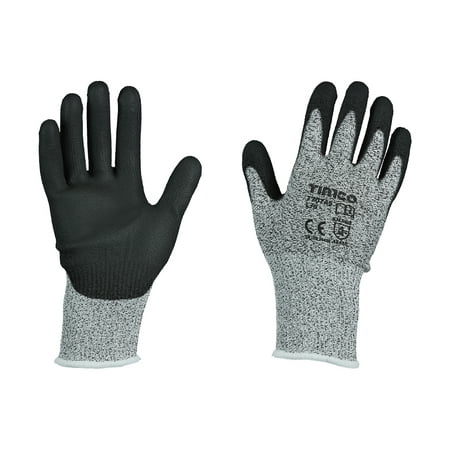 High cut gloves made of PU coated HPPE fibre with glass fibre, featuring a black palm and grey textured back, labeled with TIMCO branding and safety certifications.