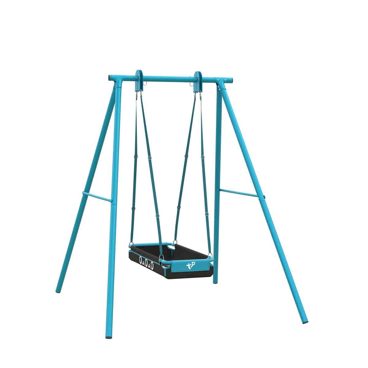 Bright turquoise metal frame swing set with a black swing seat, designed for outdoor use, featuring sturdy construction and adjustable ropes for safety.