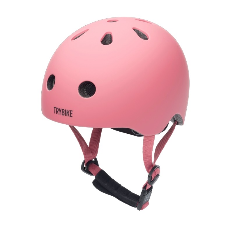 Pink Coconuts Helmet XS by TryBike, featuring a matte finish, ventilation holes, adjustable chin strap, and a logo on the front.