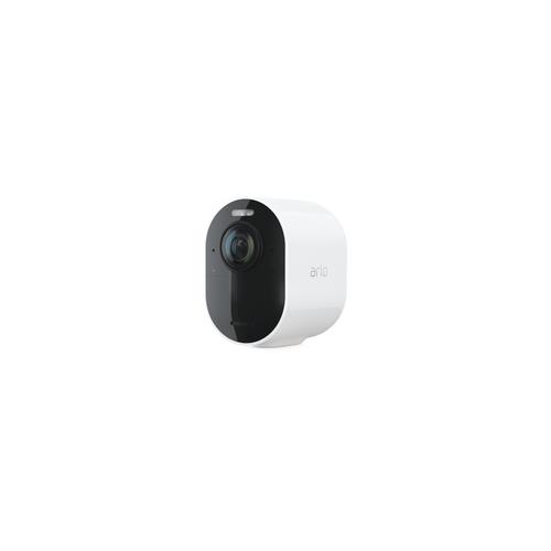 White and black wireless security camera with a rounded design, featuring a lens on the front, spotlight, and a siren for enhanced security.