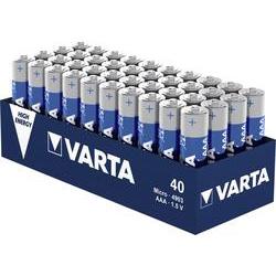 A blue and silver packaging containing 40 Varta LONGLIFE Power AAA batteries, each labeled with "1.5V" and "High Energy" features.