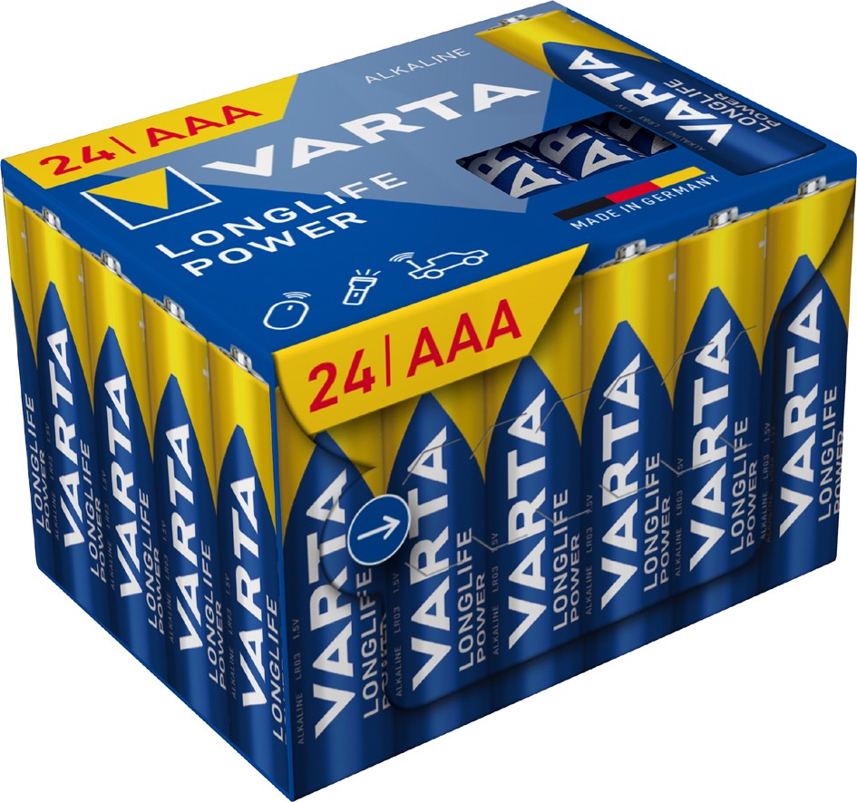 Varta Loglife Power AAA alkaline battery pack featuring 24 blue and yellow batteries, labeled with "VARTA" and "LONGLIFE POWER," in a sturdy cardboard box.