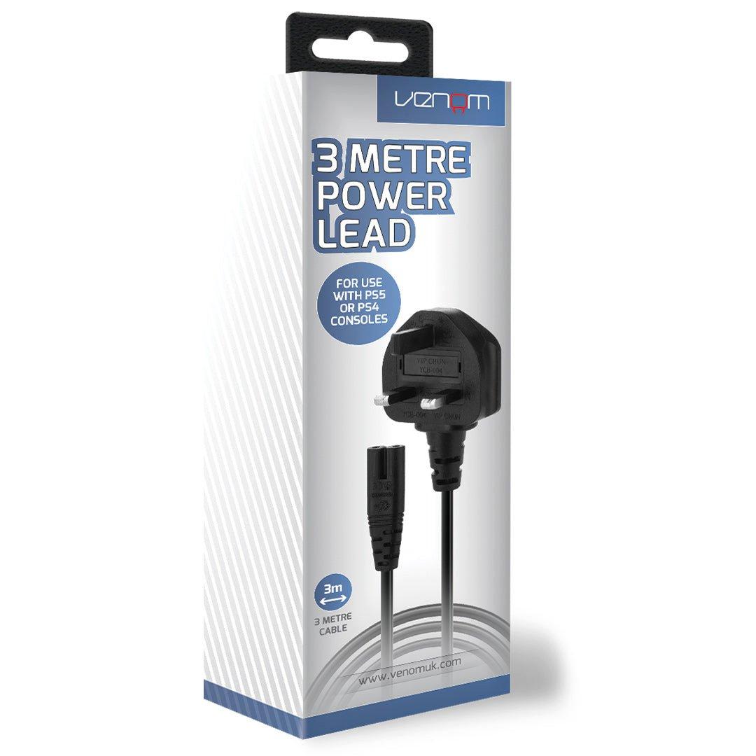 3-metre black power lead for PS5 consoles, featuring a sturdy plug and a flexible cable, packaged in a blue and white box with the Venom logo prominently displayed.