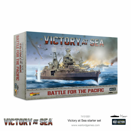 Victory at Sea Starter Set box featuring a dramatic naval battle scene, showcasing detailed warships in a colorful ocean setting, with bold text highlighting "Victory at Sea."