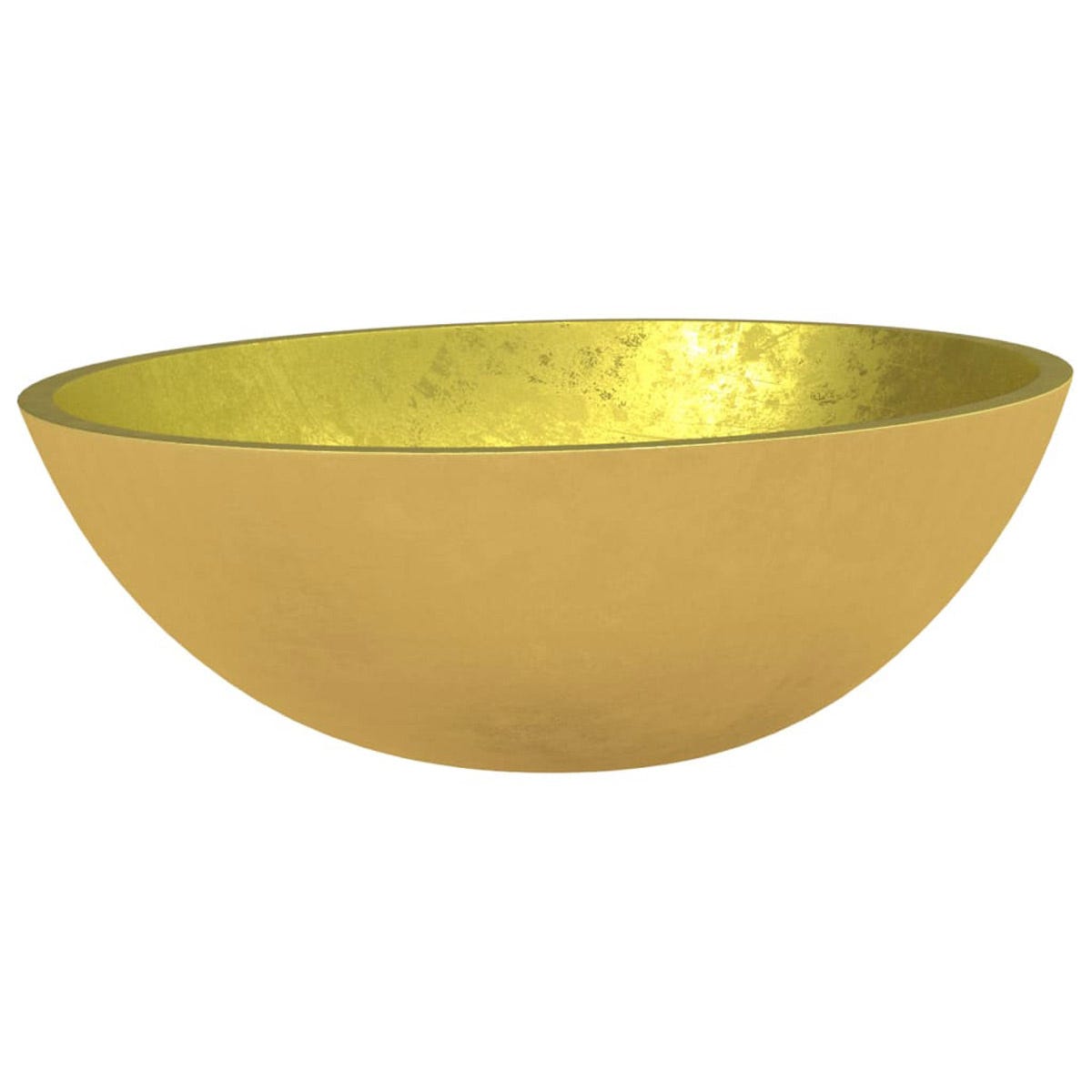 Gold basin made of glass, measuring 50x37x14 cm, featuring a smooth, shiny surface with a rounded, bowl-like shape and a reflective interior finish.