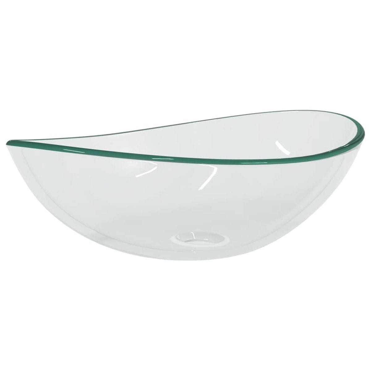 Transparent tempered glass basin with a sleek, curved design, measuring 54.5x35x15.5 cm, featuring a smooth edge and a circular drain hole at the bottom.