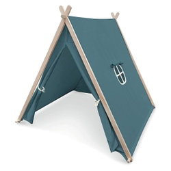 A teal fabric A-frame tent with wooden poles, featuring a front opening secured with a tie and a decorative window, ideal for imaginative play.