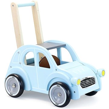 Light blue wooden walker designed as a Citroen 2CV car, featuring a simple handle, four wheels, and a flat top surface for storage or play.