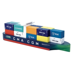 Colorful wooden container ship toy featuring blue, green, and orange hues, with labeled cargo containers and a sleek design, ideal for imaginative play.