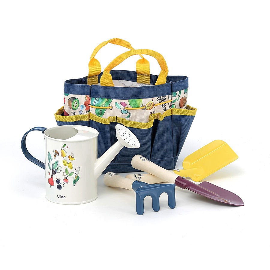 Colorful garden tool bag in navy blue with yellow handles, featuring a watering can, trowel, shovel, and rake, all designed for children by Vilac.