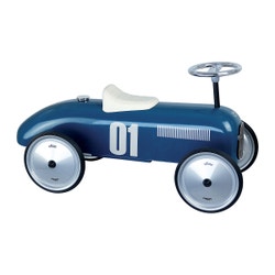 Petrol blue metal ride-on car with a sleek design, featuring a white seat, silver wheels, and the number "01" on the side.