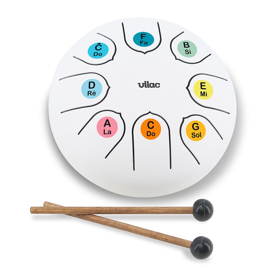 Round white tongue drum with colorful note markings (C, D, E, F, G, A, B) and two wooden mallets, featuring a sleek design and a smooth finish.
