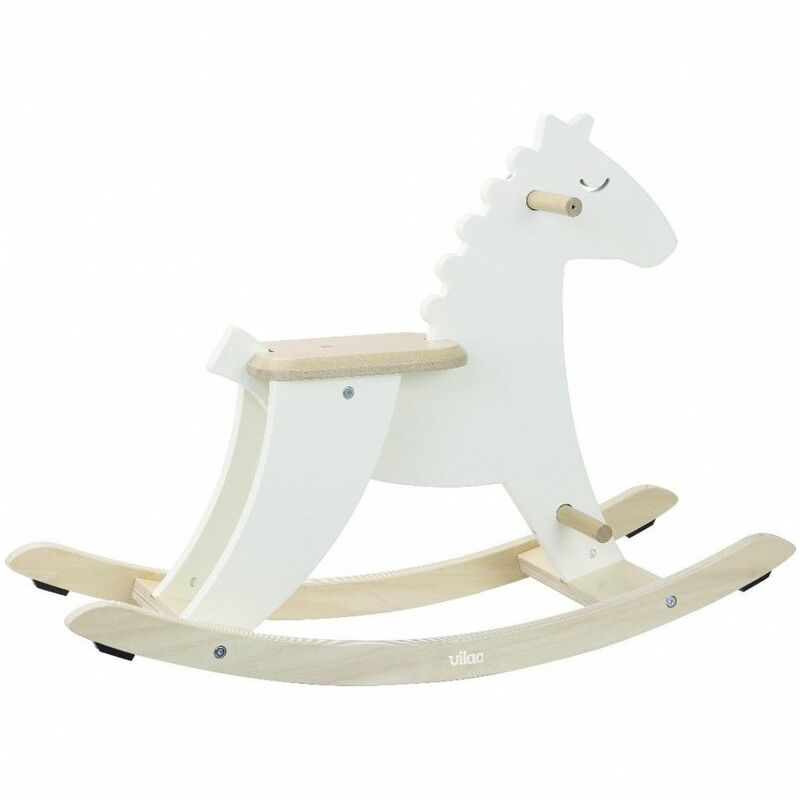 White wooden rocking horse with a smooth finish, featuring a security hoop, a natural wood seat, and curved rockers for stability.