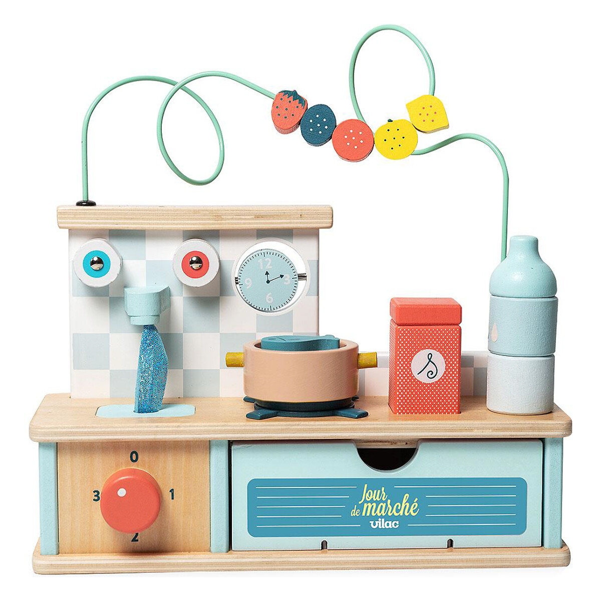 Colorful wooden kitchen playset featuring a sink, stove, utensils, and storage drawer, with playful decorations and a whimsical design, ideal for multi-activity learning.