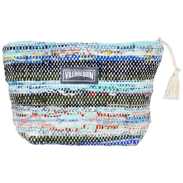 Colorful woven beach pouch featuring a mix of blue, green, and multicolored stripes, with a tassel and a Vilebrequin logo patch on the front. Size OSFA.