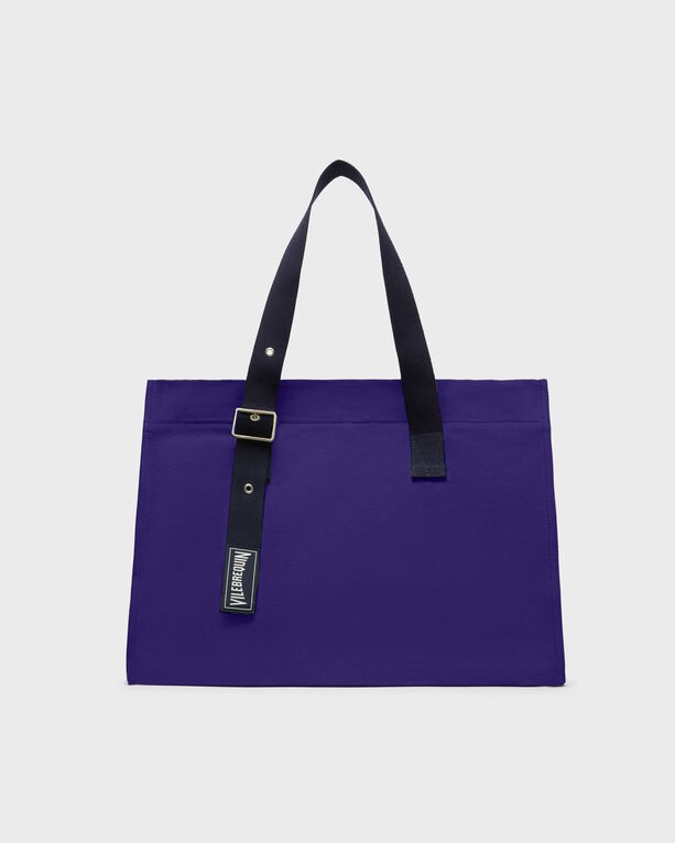 Purple beach bag by Vilebrequin with a solid design, featuring sturdy black straps and a branded tag, ideal for summer outings. Size OSFA.