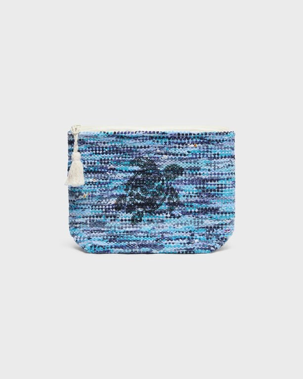 Multi-colored canvas beach pouch by Vilebrequin, featuring a turtle logo, textured surface, and a white zipper with a tassel detail. Size OSFA.