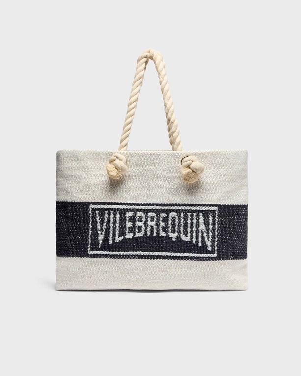 Striped beach bag in blue and cream with a logo-jacquard design, featuring thick rope handles and a spacious, sturdy canvas material.