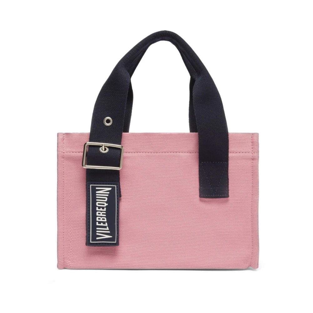 Pink mini beach bag by Vilebrequin, featuring sturdy navy handles and a stylish logo patch, made from durable material, perfect for summer outings.
