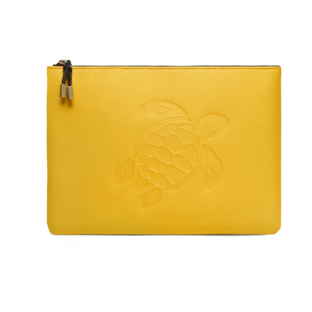 Bright orange neoprene pouch featuring an embossed turtle design, zip closure, and a sleek, waterproof finish, ideal for poolside use.