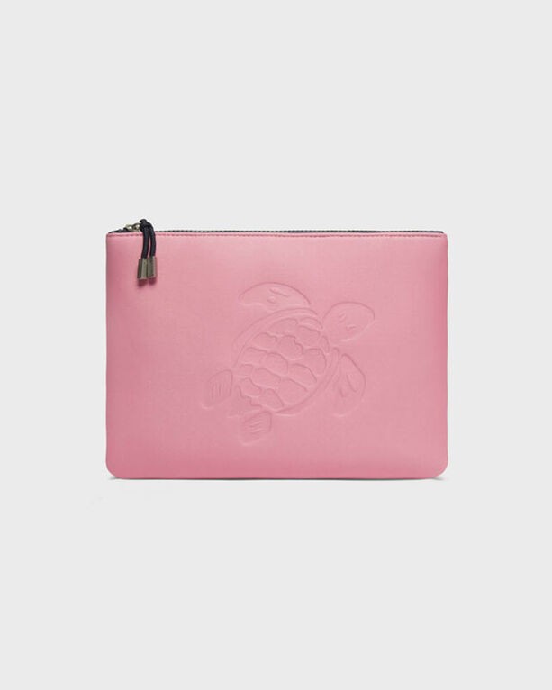 Solid pink neoprene pouch featuring an embossed turtle design, with a zipper closure and a sleek, minimalist style, ideal for poolside use.
