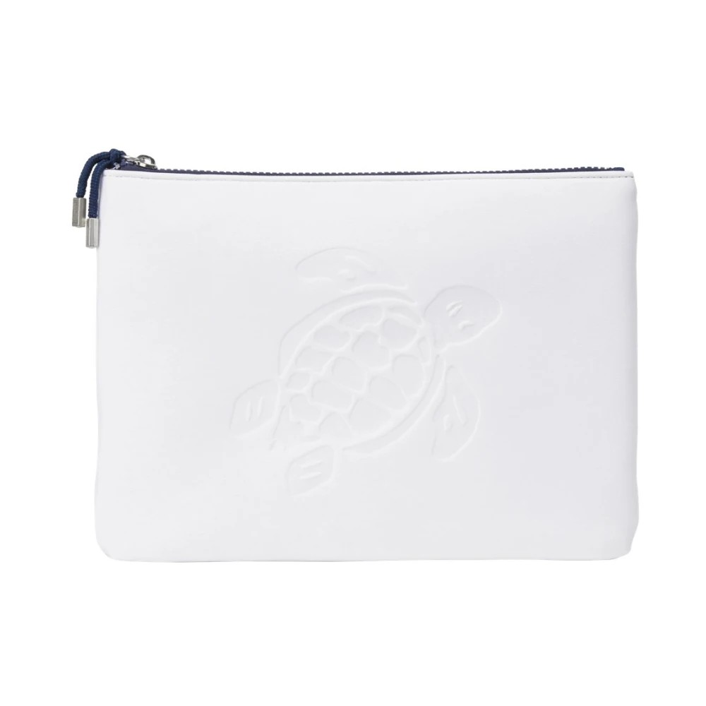 White neoprene pouch featuring an embossed turtle design, zip closure with a navy zipper, ideal for poolside use, size OSFA.