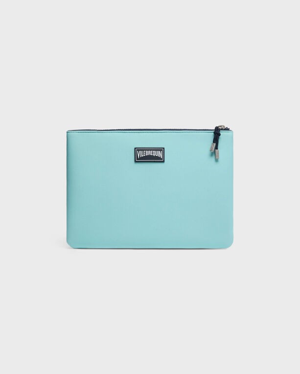 Light blue neoprene pouch with a black zipper, featuring a Vilebrequin logo patch on the front, ideal for poolside use, size OSFA.