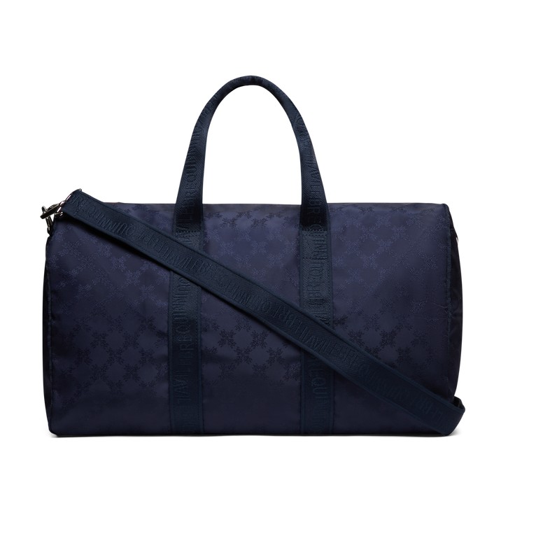 Blue travel bag featuring a turtle monogram pattern, durable material, dual handles, and an adjustable shoulder strap, designed for beach outings and weekend trips.