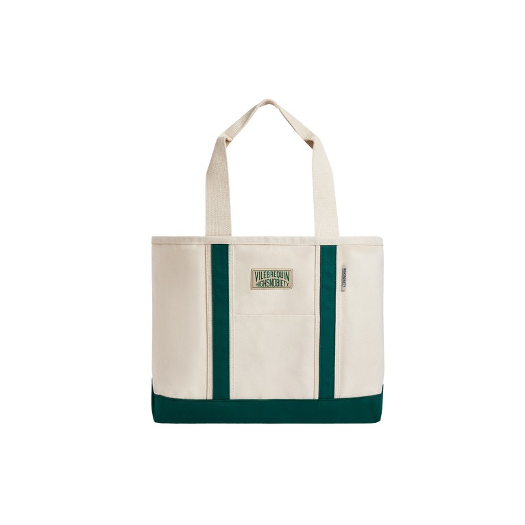 Beige two-tone tote bag featuring green accents, sturdy canvas material, dual top handles, and a front pocket with Vilebrequin branding. Size OSFA.