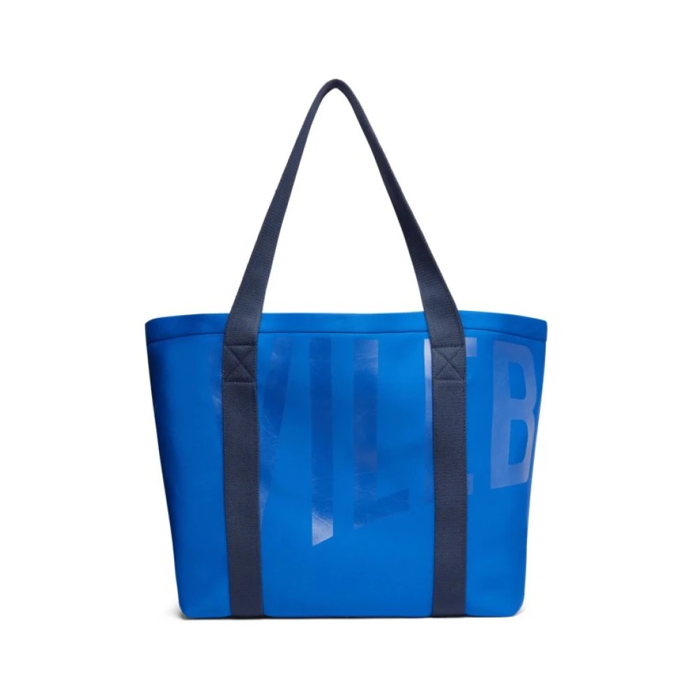 Solid blue neoprene beach bag by Vilebrequin, featuring sturdy navy handles and a large logo print, designed for unisex use and available in one size.
