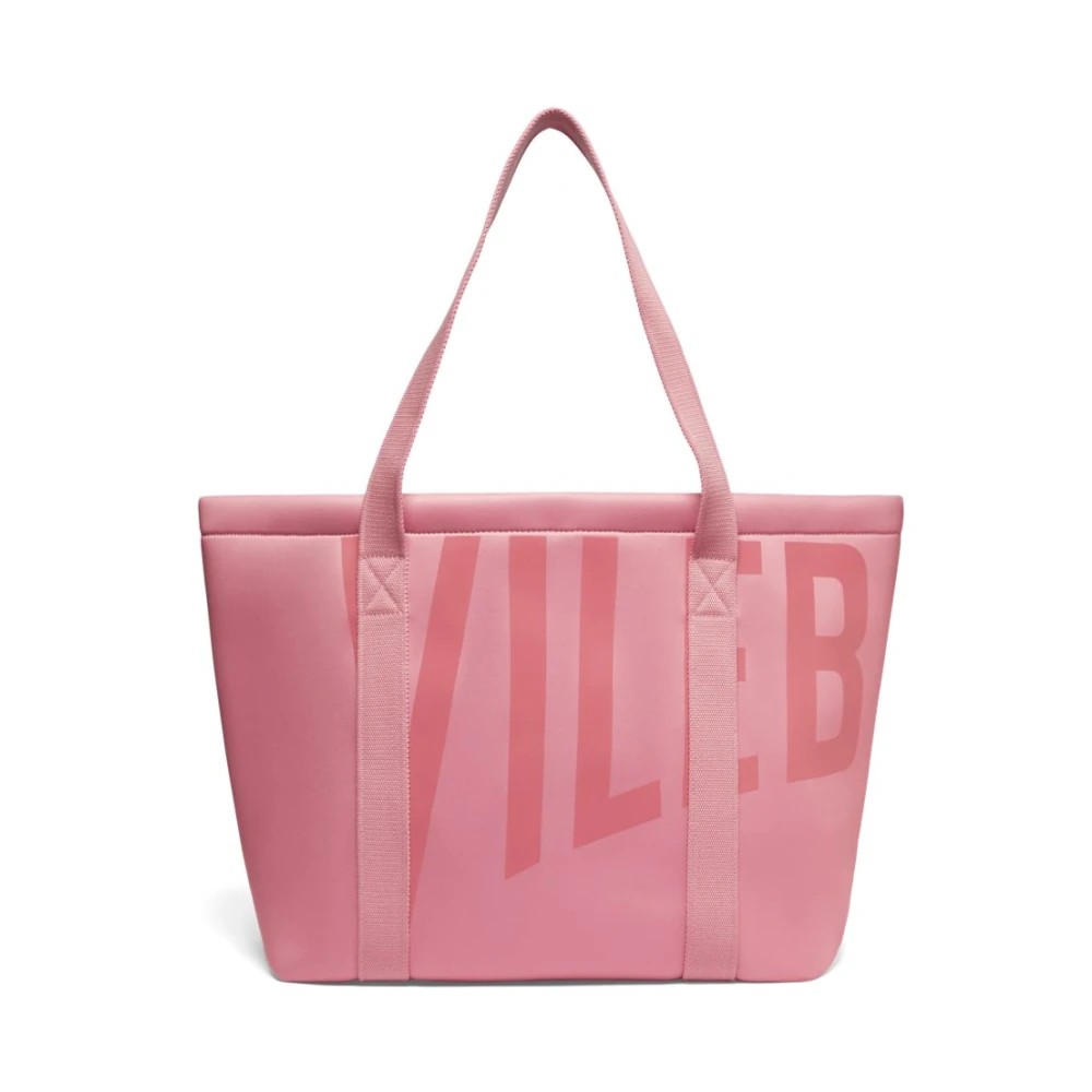 Large pink neoprene beach bag with sturdy handles and a bold "VILEB" print on the front, designed for unisex use and ideal for beach outings.