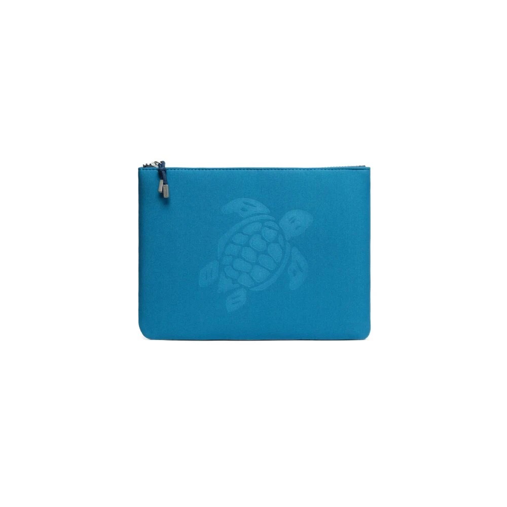 Solid blue neoprene pouch featuring a subtle turtle design, zip closure, and a versatile size, ideal for poolside use.