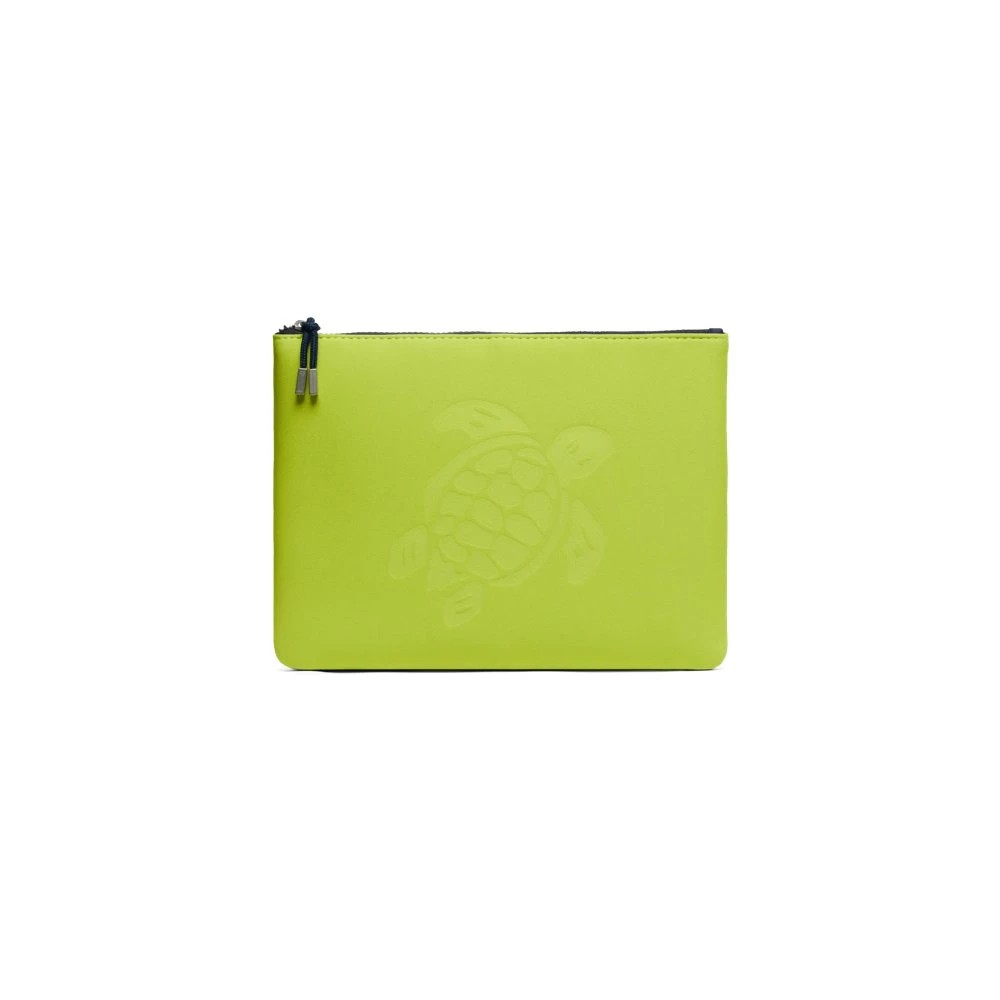 Bright green neoprene pouch featuring a subtle turtle design, zip closure, and a sleek, waterproof finish, ideal for poolside use.